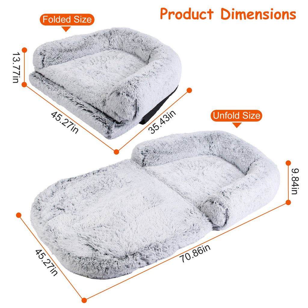 1Pc Large Foldable Human Size Dog Bed With Pillow Blanket Flurry Plush Napping Human-Sized Dog Bed Machine Washable Zipped Removable Cover For Pets Kids Adults Grey 71x45x10in